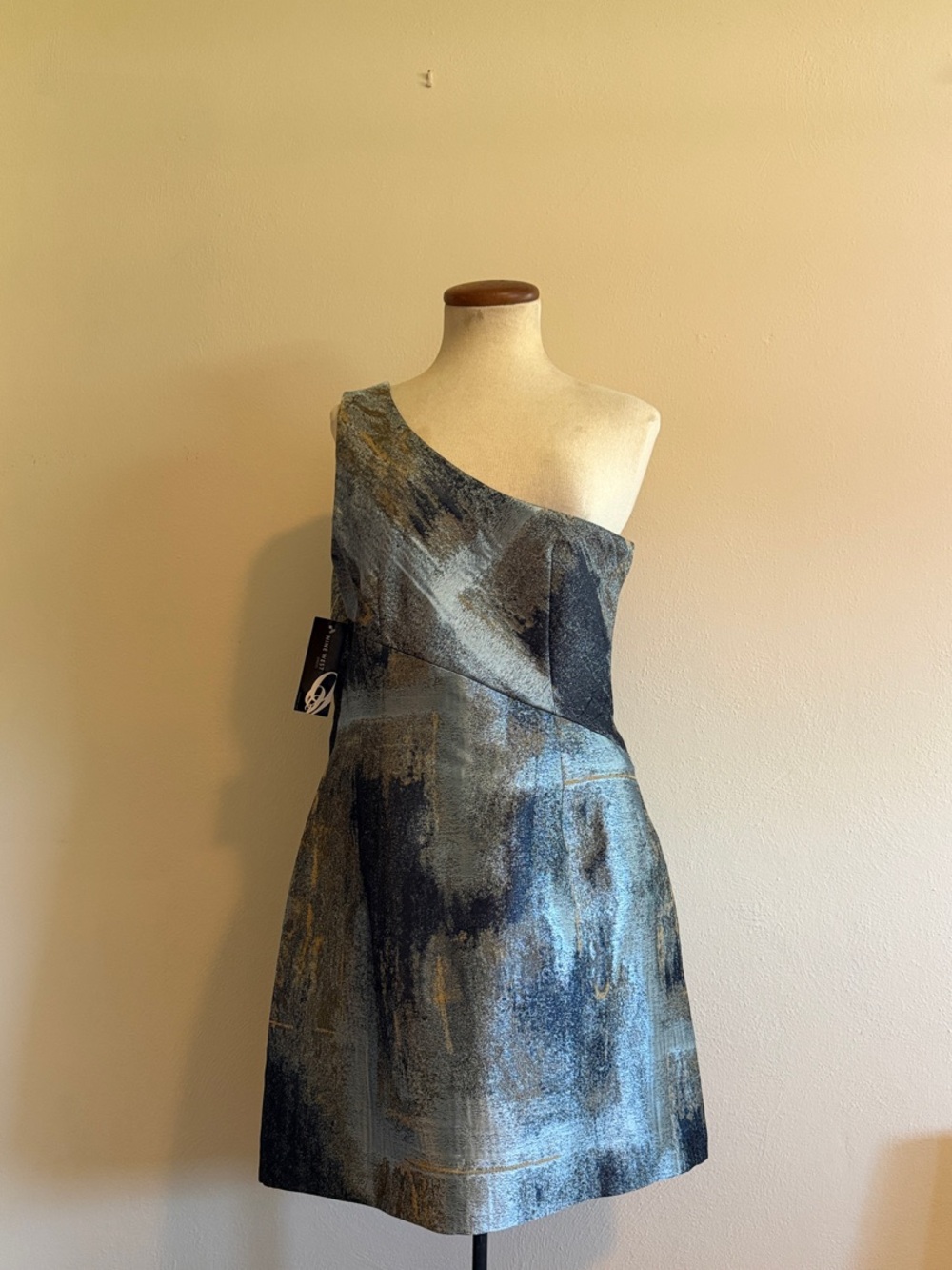 Nine West One-Shoulder Metallic Blue and Gold Cocktail Dress size 12